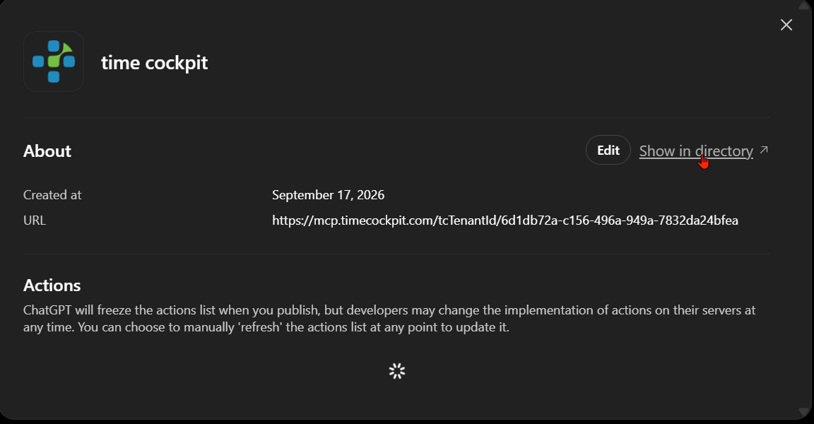 Published app details with server URL and Show in directory link