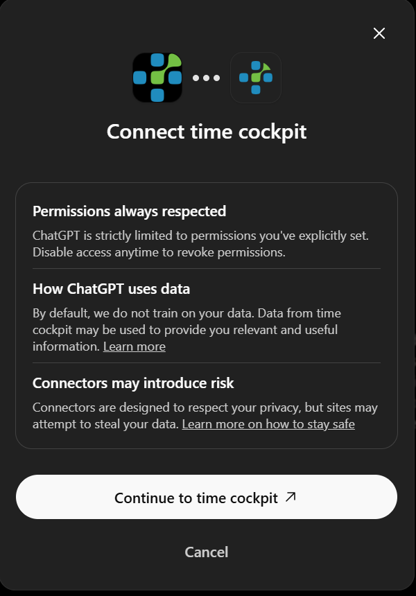 Connect dialog with Continue to time cockpit button