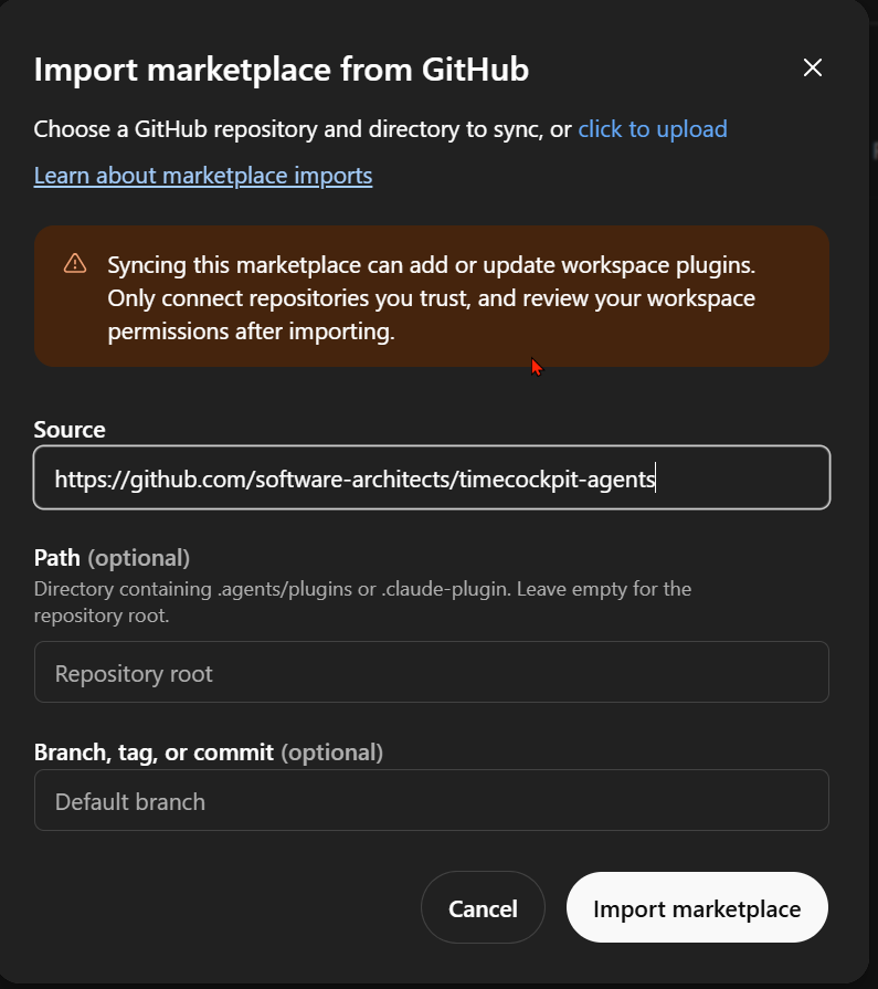 Import marketplace from GitHub dialog