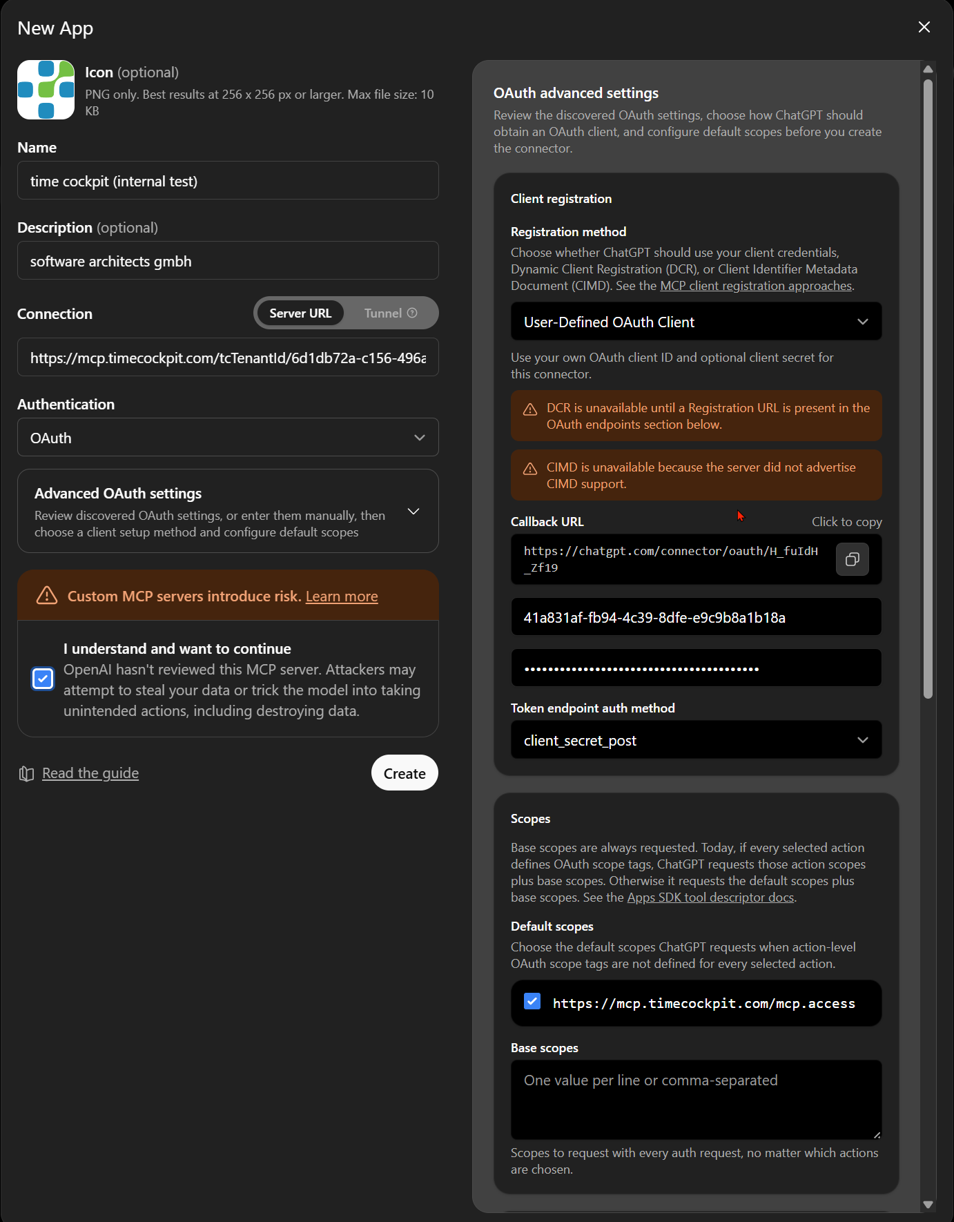 ChatGPT New App dialog with server URL, OAuth and User-Defined OAuth Client settings