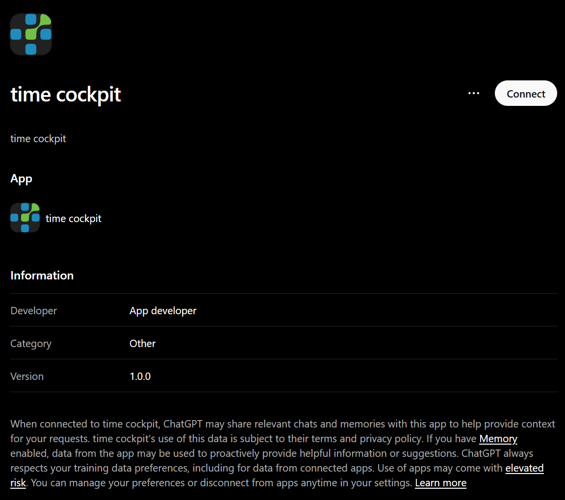 Plugin page of the time cockpit app with the Connect button