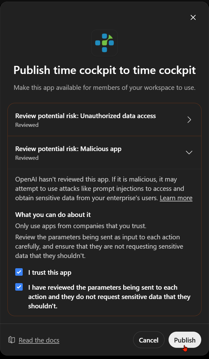 Publish dialog with risk review checkboxes
