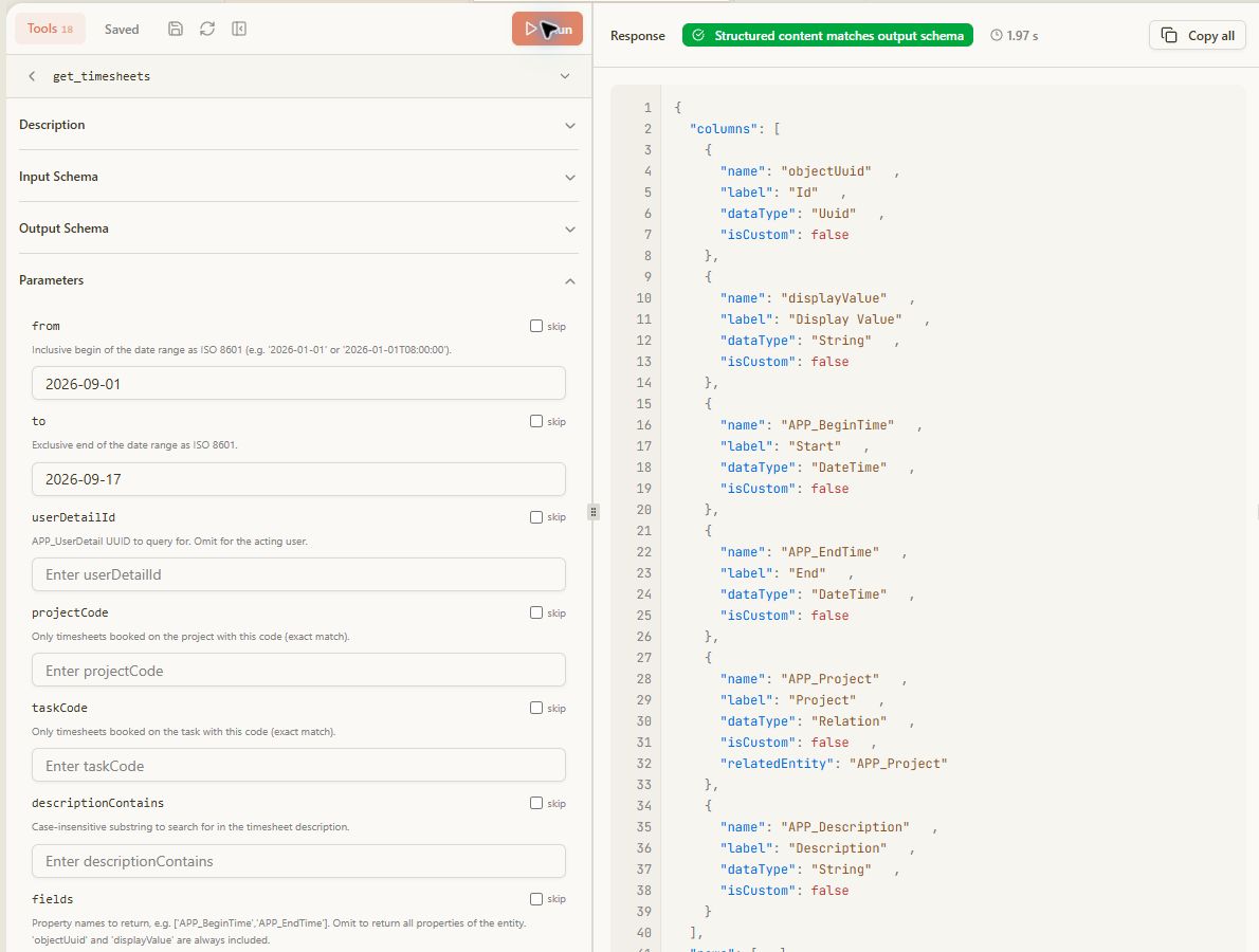 MCPJam get_timesheets result with no returned rows