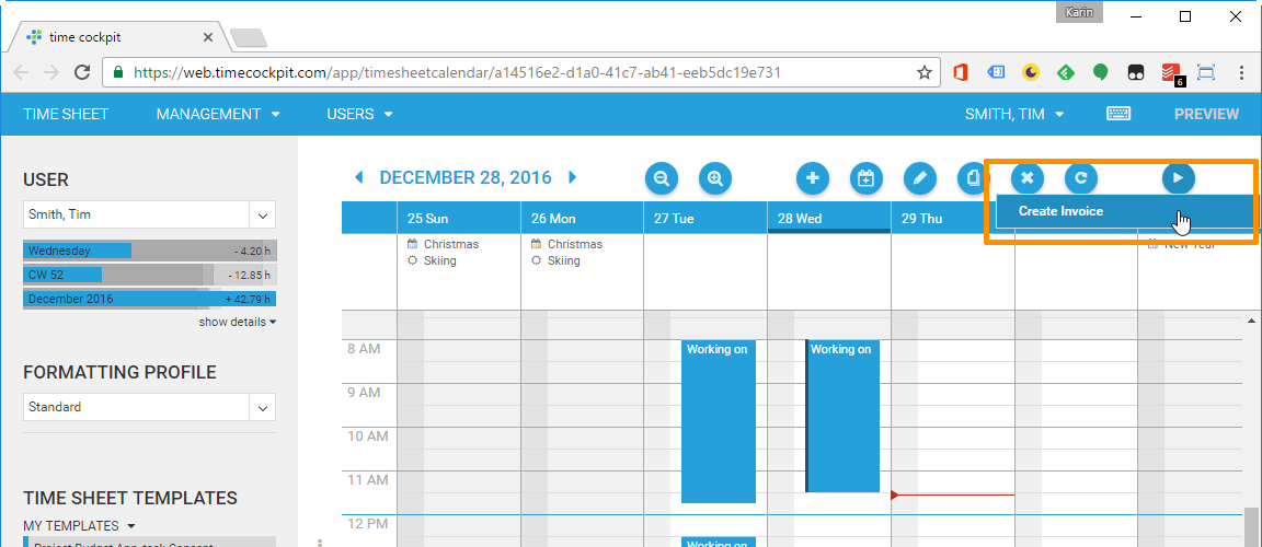 Actions in time sheet calendar Actions in time sheet calendar