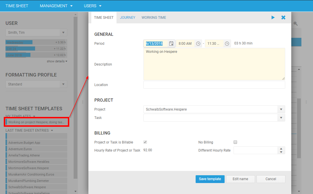Edit Template Timesheet