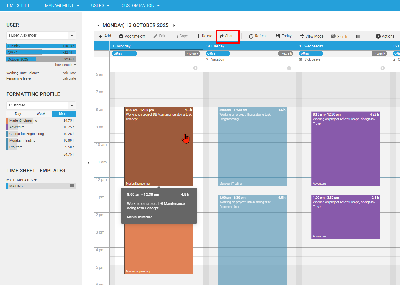 Share button in toolbar (share multiple entries)