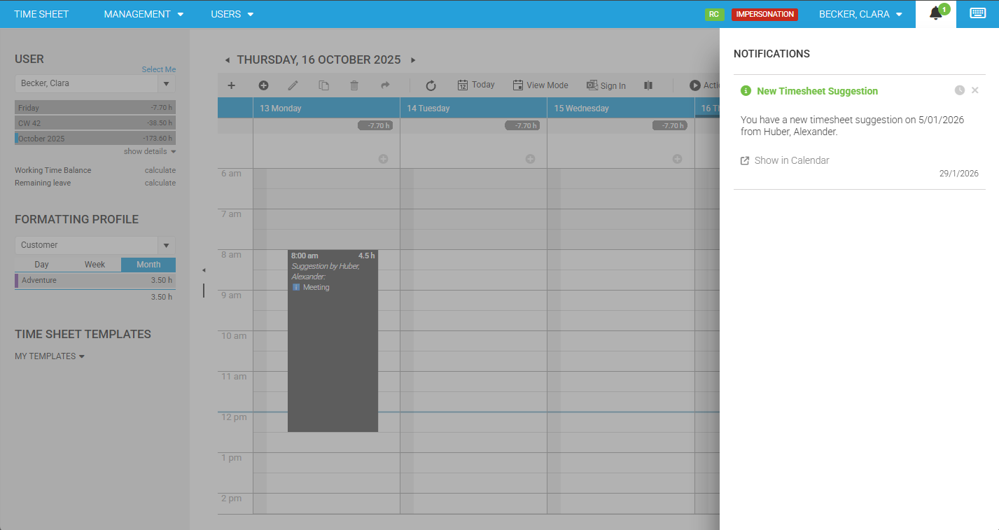 Timesheet suggestion notification