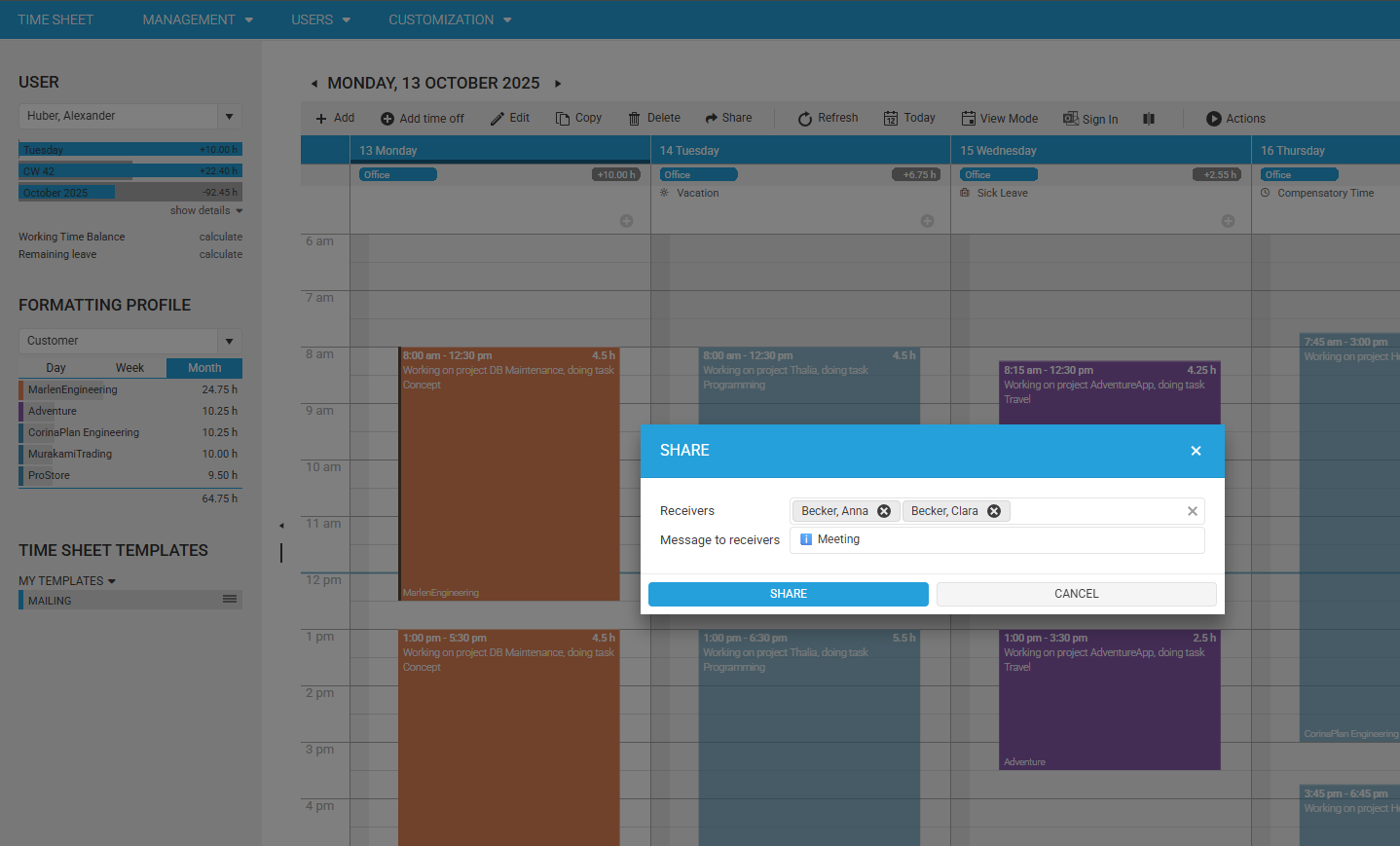 Share timesheet entries with other users